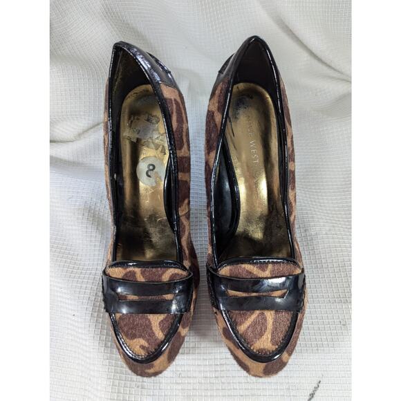 NINE WEST! BLACK & BROWN COWHIDE & PATENT LEATHER LOAFER TOE HEELS, PUMPS! SZ 8 - Picture 6 of 10